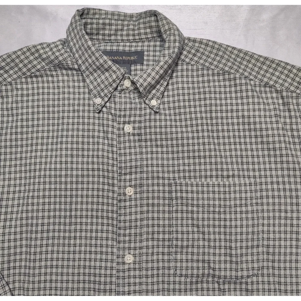 BANANA REPUBLIC Men Large‎ Green Check Medium-Weight Cotton Button Shirt